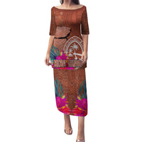 Chamorro Biba Guam Family Matching Puletasi and Hawaiian Shirt Latte Stone Tribal and Hibiscus Flower Tapa Pattern LT03 Mom's Dress Brown - Polynesian Pride
