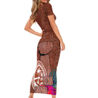 Chamorro Biba Guam Family Matching Short Sleeve Bodycon Dress and Hawaiian Shirt Latte Stone Tribal and Hibiscus Flower Tapa Pattern LT03 - Polynesian Pride