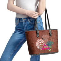 Chamorro Biba Guam Leather Tote Bag Latte Stone Tribal and Hibiscus Flower Tapa Pattern