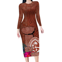 Chamorro Biba Guam Long Sleeve Bodycon Dress Latte Stone Tribal and Hibiscus Flower Tapa Pattern LT03 Long Dress Brown - Polynesian Pride