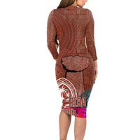 Chamorro Biba Guam Long Sleeve Bodycon Dress Latte Stone Tribal and Hibiscus Flower Tapa Pattern LT03 - Polynesian Pride
