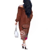 Chamorro Biba Guam Off The Shoulder Long Sleeve Dress Latte Stone Tribal and Hibiscus Flower Tapa Pattern LT03 - Polynesian Pride