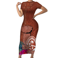Chamorro Biba Guam Short Sleeve Bodycon Dress Latte Stone Tribal and Hibiscus Flower Tapa Pattern LT03 Long Dress Brown - Polynesian Pride