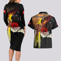 Papua New Guinea Remembrance Day Couples Matching Long Sleeve Bodycon Dress and Hawaiian Shirt Bird of Paradise Plumeria Flower and Polynesian Pattern LT03 - Polynesian Pride