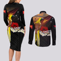 Papua New Guinea Remembrance Day Couples Matching Long Sleeve Bodycon Dress and Long Sleeve Button Shirt Bird of Paradise Plumeria Flower and Polynesian Pattern LT03 - Polynesian Pride