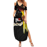 Papua New Guinea Remembrance Day Family Matching Summer Maxi Dress and Hawaiian Shirt Bird of Paradise Plumeria Flower and Polynesian Pattern LT03 Mom's Dress Black - Polynesian Pride