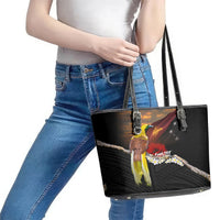 Papua New Guinea Remembrance Day Leather Tote Bag Bird of Paradise Plumeria Flower and Polynesian Pattern LT03 - Polynesian Pride