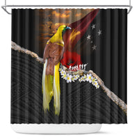 Papua New Guinea Remembrance Day Shower Curtain Bird of Paradise Plumeria Flower and Polynesian Pattern LT03 Black - Polynesian Pride