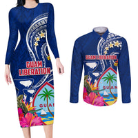 Personalised Guam Liberation Couples Matching Long Sleeve Bodycon Dress and Long Sleeve Button Shirt Latte Stone and Guahan Seal Jungle Flower LT03 Blue - Polynesian Pride