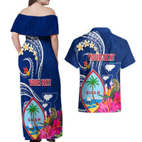 Personalised Guam Liberation Couples Matching Off Shoulder Maxi Dress and Hawaiian Shirt Latte Stone and Guahan Seal Jungle Flower LT03 - Polynesian Pride