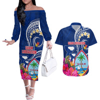 Personalised Guam Liberation Couples Matching Off The Shoulder Long Sleeve Dress and Hawaiian Shirt Latte Stone and Guahan Seal Jungle Flower LT03 Blue - Polynesian Pride
