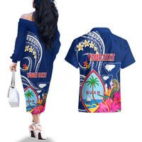 Personalised Guam Liberation Couples Matching Off The Shoulder Long Sleeve Dress and Hawaiian Shirt Latte Stone and Guahan Seal Jungle Flower LT03 - Polynesian Pride