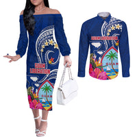 Personalised Guam Liberation Couples Matching Off The Shoulder Long Sleeve Dress and Long Sleeve Button Shirt Latte Stone and Guahan Seal Jungle Flower LT03 Blue - Polynesian Pride