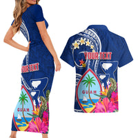 Personalised Guam Liberation Couples Matching Short Sleeve Bodycon Dress and Hawaiian Shirt Latte Stone and Guahan Seal Jungle Flower LT03 - Polynesian Pride