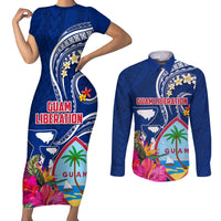 Personalised Guam Liberation Couples Matching Short Sleeve Bodycon Dress and Long Sleeve Button Shirt Latte Stone and Guahan Seal Jungle Flower LT03 Blue - Polynesian Pride