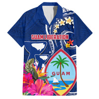 Personalised Guam Liberation Family Matching Long Sleeve Bodycon Dress and Hawaiian Shirt Latte Stone and Guahan Seal Jungle Flower LT03 Dad's Shirt - Short Sleeve Blue - Polynesian Pride