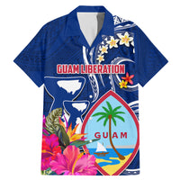 Personalised Guam Liberation Family Matching Mermaid Dress and Hawaiian Shirt Latte Stone and Guahan Seal Jungle Flower LT03 Dad's Shirt - Short Sleeve Blue - Polynesian Pride