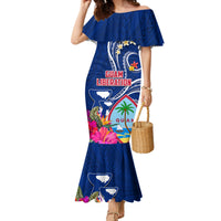 Personalised Guam Liberation Family Matching Mermaid Dress and Hawaiian Shirt Latte Stone and Guahan Seal Jungle Flower LT03 Mom's Dress Blue - Polynesian Pride