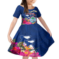 Personalised Guam Liberation Family Matching Off Shoulder Maxi Dress and Hawaiian Shirt Latte Stone and Guahan Seal Jungle Flower LT03 Daughter's Dress Blue - Polynesian Pride