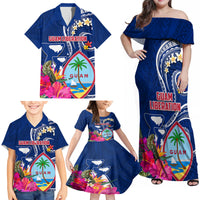 Personalised Guam Liberation Family Matching Off Shoulder Maxi Dress and Hawaiian Shirt Latte Stone and Guahan Seal Jungle Flower LT03 - Polynesian Pride