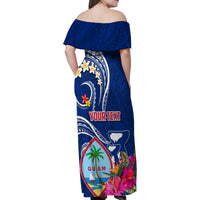 Personalised Guam Liberation Family Matching Off Shoulder Maxi Dress and Hawaiian Shirt Latte Stone and Guahan Seal Jungle Flower LT03 - Polynesian Pride
