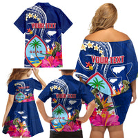 Personalised Guam Liberation Family Matching Off Shoulder Short Dress and Hawaiian Shirt Latte Stone and Guahan Seal Jungle Flower LT03 - Polynesian Pride