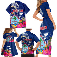 Personalised Guam Liberation Family Matching Short Sleeve Bodycon Dress and Hawaiian Shirt Latte Stone and Guahan Seal Jungle Flower LT03 - Polynesian Pride