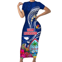 Personalised Guam Liberation Family Matching Short Sleeve Bodycon Dress and Hawaiian Shirt Latte Stone and Guahan Seal Jungle Flower LT03 Mom's Dress Blue - Polynesian Pride