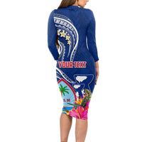 Personalised Guam Liberation Long Sleeve Bodycon Dress Latte Stone and Guahan Seal Jungle Flower LT03 - Polynesian Pride