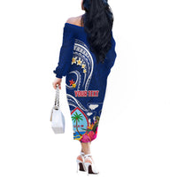 Personalised Guam Liberation Off The Shoulder Long Sleeve Dress Latte Stone and Guahan Seal Jungle Flower LT03 - Polynesian Pride