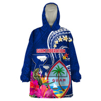 Personalised Guam Liberation Wearable Blanket Hoodie Latte Stone and Guahan Seal Jungle Flower LT03 One Size Blue - Polynesian Pride