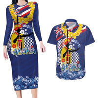 Hawaii King Kamehameha Day Couples Matching Long Sleeve Bodycon Dress and Hawaiian Shirt Lei Sea Waves Polynesian Tapa Pattern LT03 Blue - Polynesian Pride