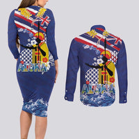 Hawaii King Kamehameha Day Couples Matching Long Sleeve Bodycon Dress and Long Sleeve Button Shirt Lei Sea Waves Polynesian Tapa Pattern LT03 - Polynesian Pride