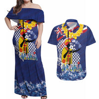 Hawaii King Kamehameha Day Couples Matching Off Shoulder Maxi Dress and Hawaiian Shirt Lei Sea Waves Polynesian Tapa Pattern LT03 Blue - Polynesian Pride