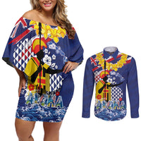 Hawaii King Kamehameha Day Couples Matching Off Shoulder Short Dress and Long Sleeve Button Shirt Lei Sea Waves Polynesian Tapa Pattern LT03 Blue - Polynesian Pride