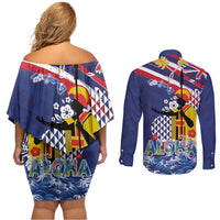 Hawaii King Kamehameha Day Couples Matching Off Shoulder Short Dress and Long Sleeve Button Shirt Lei Sea Waves Polynesian Tapa Pattern LT03 - Polynesian Pride
