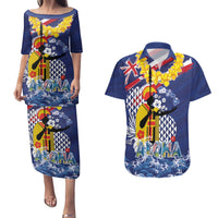 Hawaii King Kamehameha Day Couples Matching Puletasi and Hawaiian Shirt Lei Sea Waves Polynesian Tapa Pattern LT03 Blue - Polynesian Pride