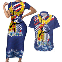 Hawaii King Kamehameha Day Couples Matching Short Sleeve Bodycon Dress and Hawaiian Shirt Lei Sea Waves Polynesian Tapa Pattern LT03 Blue - Polynesian Pride