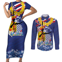Hawaii King Kamehameha Day Couples Matching Short Sleeve Bodycon Dress and Long Sleeve Button Shirt Lei Sea Waves Polynesian Tapa Pattern LT03 Blue - Polynesian Pride