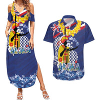 Hawaii King Kamehameha Day Couples Matching Summer Maxi Dress and Hawaiian Shirt Lei Sea Waves Polynesian Tapa Pattern LT03 Blue - Polynesian Pride