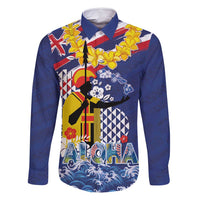 Hawaii King Kamehameha Day Family Matching Off Shoulder Short Dress and Hawaiian Shirt Lei Sea Waves Polynesian Tapa Pattern LT03 Dad's Shirt - Long Sleeve Blue - Polynesian Pride