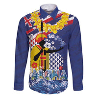 Hawaii King Kamehameha Day Family Matching Puletasi and Hawaiian Shirt Lei Sea Waves Polynesian Tapa Pattern LT03 Dad's Shirt - Long Sleeve Blue - Polynesian Pride