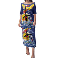 Hawaii King Kamehameha Day Family Matching Puletasi and Hawaiian Shirt Lei Sea Waves Polynesian Tapa Pattern LT03 Mom's Dress Blue - Polynesian Pride