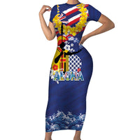 Hawaii King Kamehameha Day Family Matching Short Sleeve Bodycon Dress and Hawaiian Shirt Lei Sea Waves Polynesian Tapa Pattern LT03 Mom's Dress Blue - Polynesian Pride