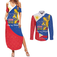 Philippines Independence Day Couples Matching Summer Maxi Dress and Long Sleeve Button Shirt Araw ng Kalayaan Polynesian Sun and YAKAN Pattern LT03 Blue - Polynesian Pride
