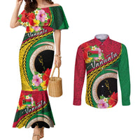 Vanuatu Tribal Boar Tusk Couples Matching Mermaid Dress and Long Sleeve Button Shirt Tropical Plants with Namele and Melanesian Pattern LT03 Red - Polynesian Pride