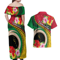 Vanuatu Tribal Boar Tusk Couples Matching Off Shoulder Maxi Dress and Hawaiian Shirt Tropical Plants with Namele and Melanesian Pattern LT03 - Polynesian Pride
