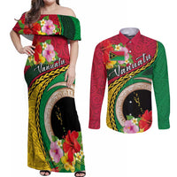Vanuatu Tribal Boar Tusk Couples Matching Off Shoulder Maxi Dress and Long Sleeve Button Shirt Tropical Plants with Namele and Melanesian Pattern LT03 Red - Polynesian Pride