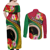 Vanuatu Tribal Boar Tusk Couples Matching Off Shoulder Maxi Dress and Long Sleeve Button Shirt Tropical Plants with Namele and Melanesian Pattern LT03 - Polynesian Pride