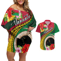 Vanuatu Tribal Boar Tusk Couples Matching Off Shoulder Short Dress and Hawaiian Shirt Tropical Plants with Namele and Melanesian Pattern LT03 Red - Polynesian Pride